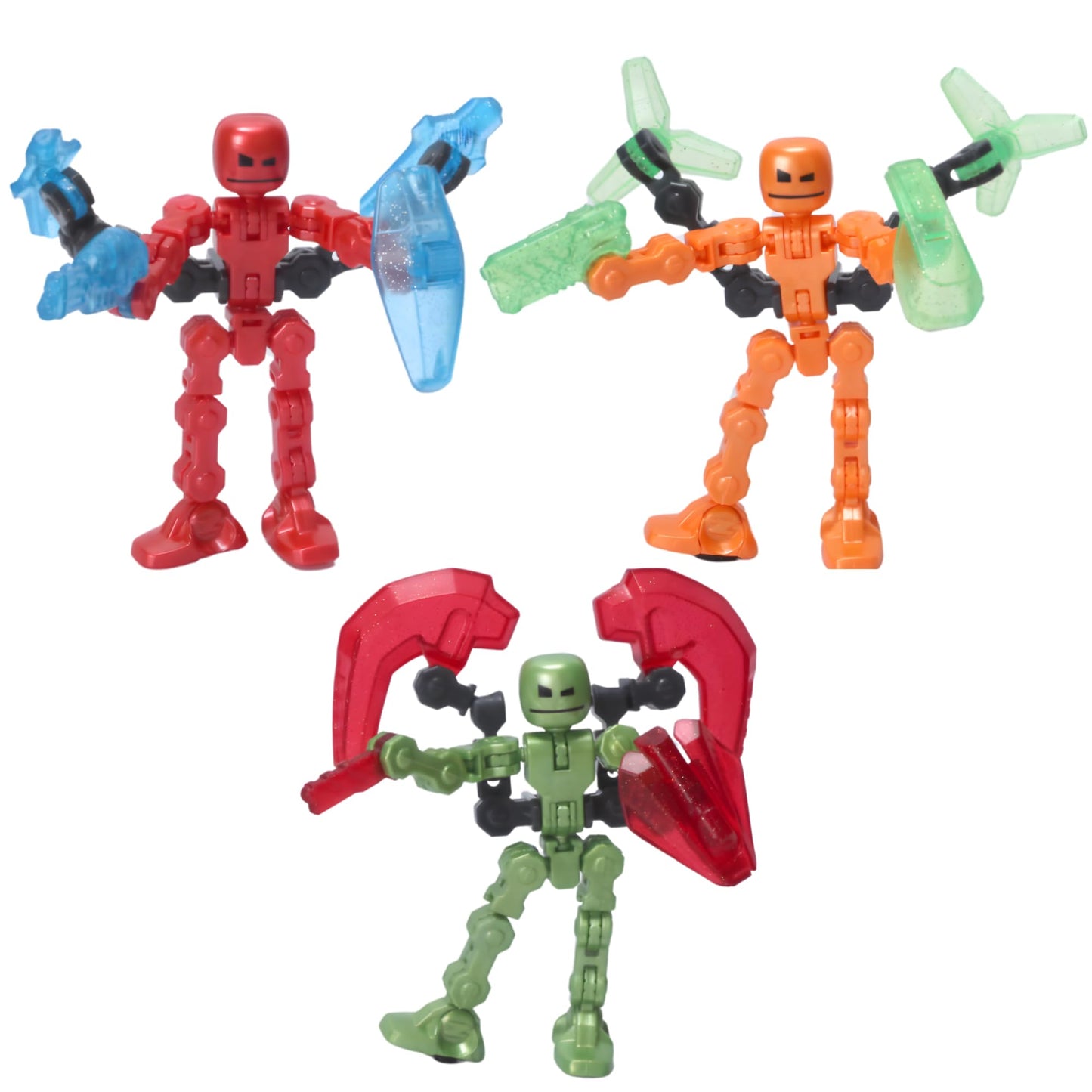 Zing KlikBot Defenders 3-Pack - Metallic Color Poseable Action Figures with Glitter Clear Accessories & Suction Cups, Stop-Motion Animation Toy