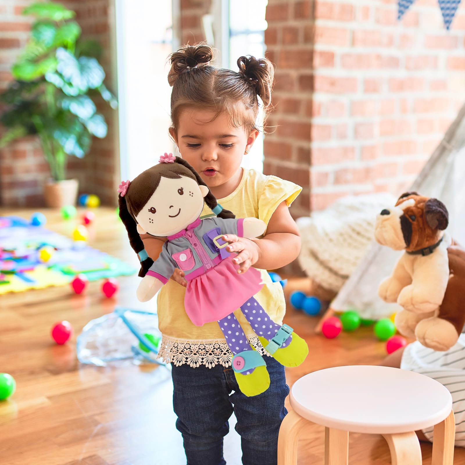 Linzy 15" Learn to Dress Stuffed Doll with Grey Jacket, Educational Montessori Doll for Toddlers, Soft Buckle Toy Gifts for 2 Year Old Girls