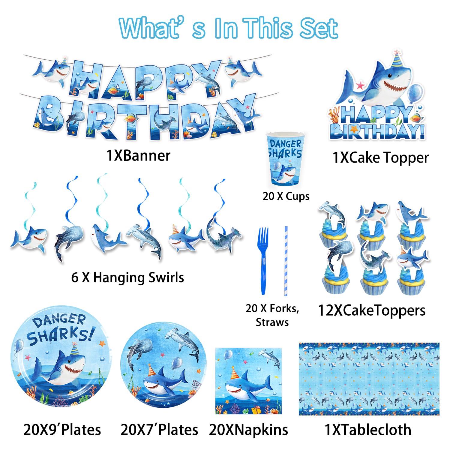 Diosnase Shark Birthday Party Decorations, Shark Party Supplies for 20 Guests with Banner, Hanging Swirls, Tablecloths, Plates, Napkins, Cups, Forks