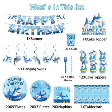 Diosnase Shark Birthday Party Decorations, Shark Party Supplies for 20 Guests with Banner, Hanging Swirls, Tablecloths, Plates, Napkins, Cups, Forks