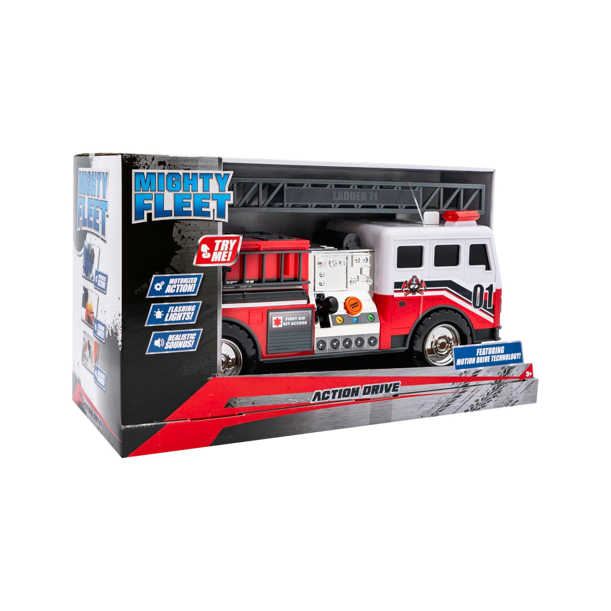 Mighty Fleet Action Drive 16" Interactive Fire Truck Toy w/Lights & Sounds, Firetruck Working Ladder, Motion Drive Action, Realistic Design