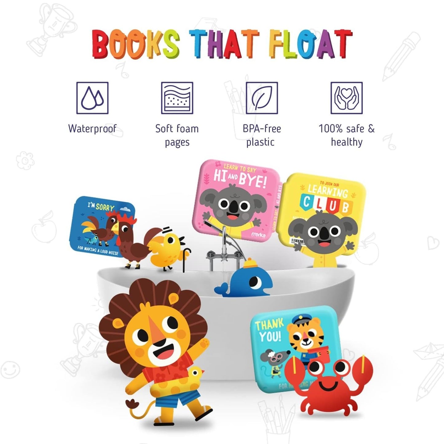 merka Baby Bath Books for Toddlers, 4 Pack Waterproof Bathtime Books, Bath Toys Floatable in Bathtub, Learn to Say Thank You, Sorry, Hi Bye, Please
