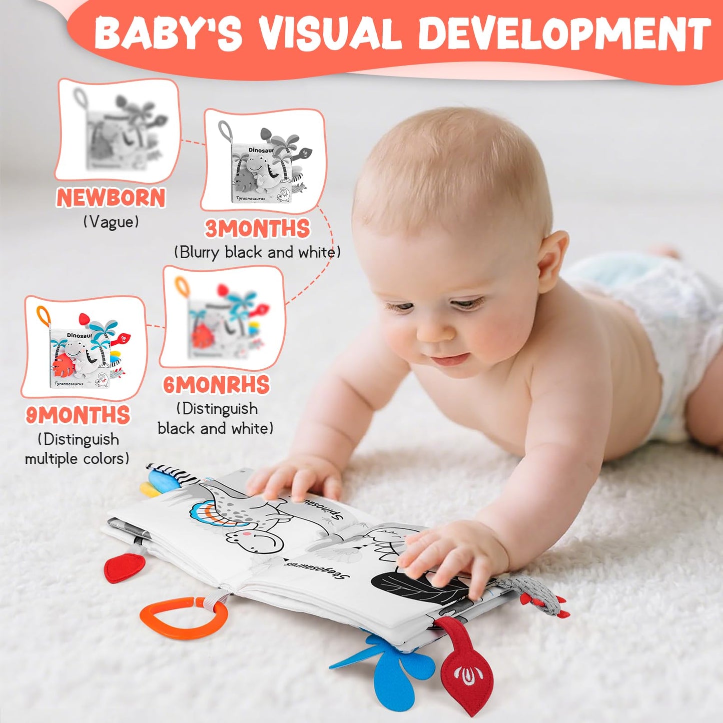 Odeepstar Dinosaur Fabric Book- Crinkle Sound, Touch & Feel, Press Squeaker with Soft Tail Plus Teether Feature - Baby Books Toys for Newborn Infants
