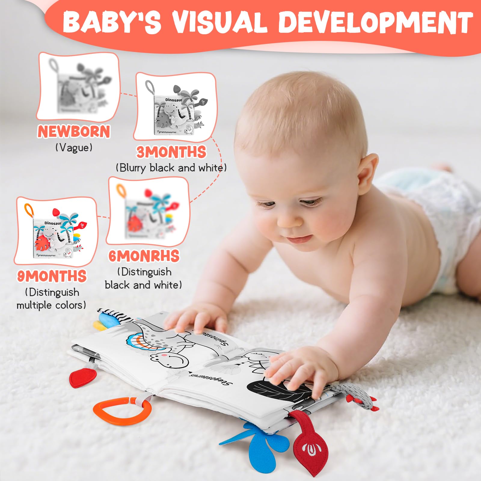 Odeepstar Dinosaur Fabric Book- Crinkle Sound, Touch & Feel, Press Squeaker with Soft Tail Plus Teether Feature - Baby Books Toys for Newborn Infants