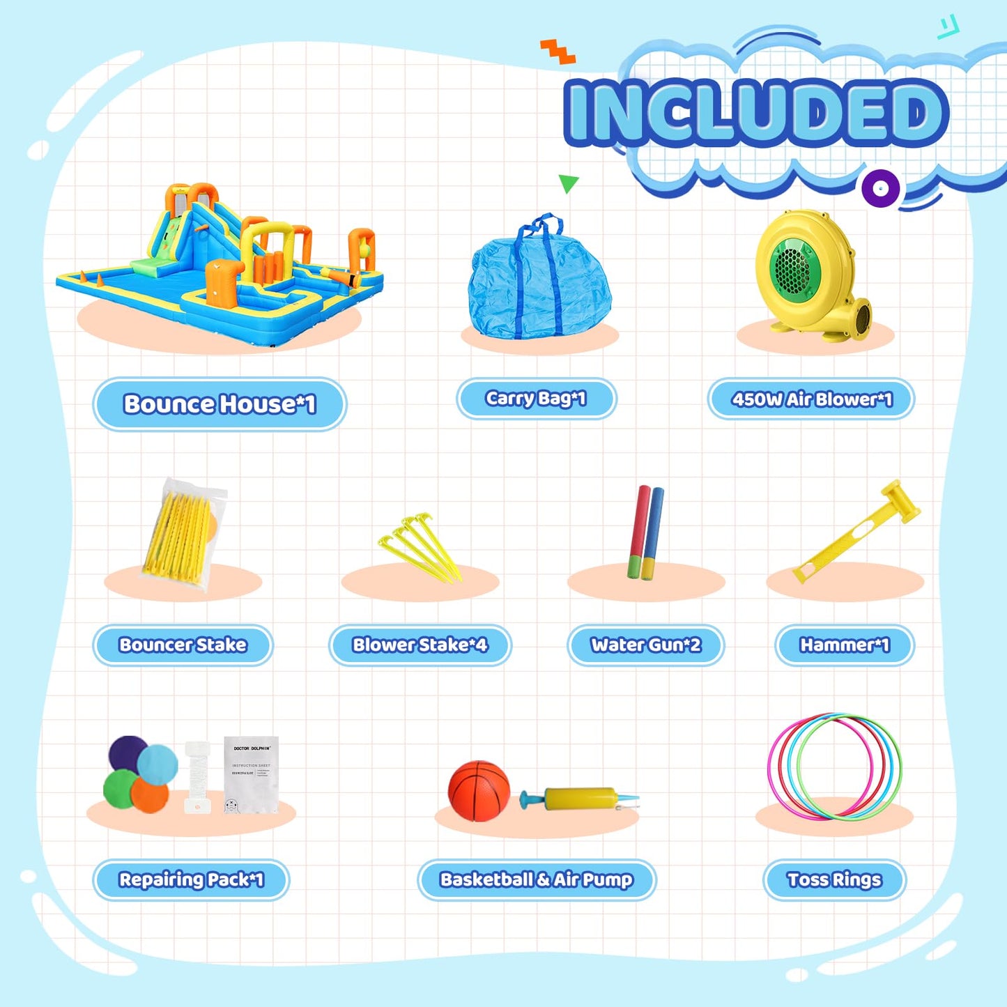 Inflatable Bounce House with Water Slide, Kids Bouncy Castle for Backyard, Outdoor Water Park, Bouncy House Party Fun, Inflatable Slide and Pool Ages