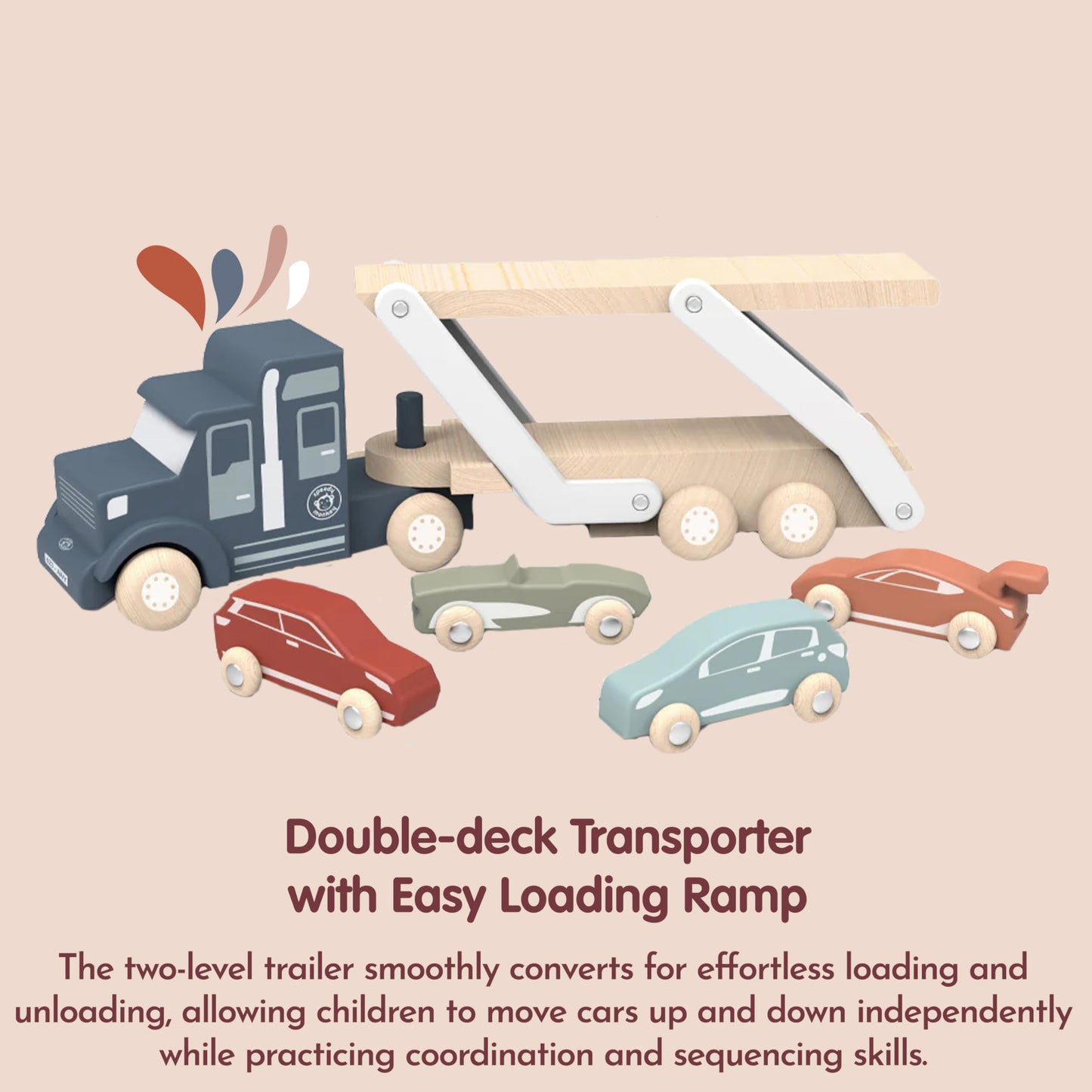 SPEEDY MONKEY Wooden Car Transporter Truck Toy Double Deck Carrier Set