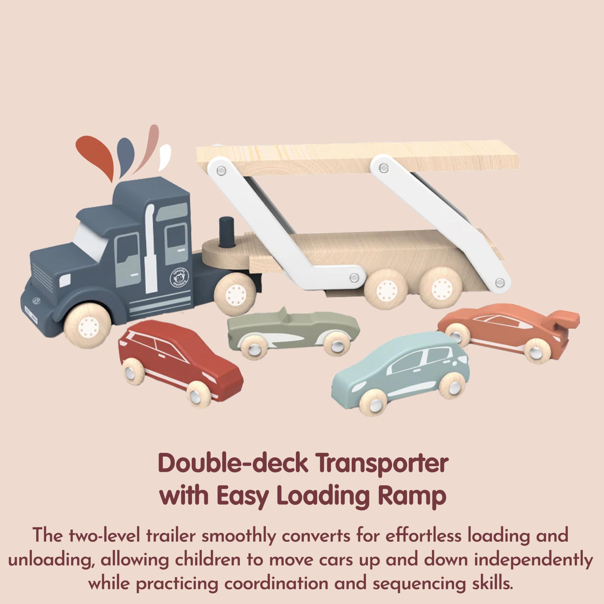 SPEEDY MONKEY Wooden Car Transporter Truck Toy Double Deck Carrier Set