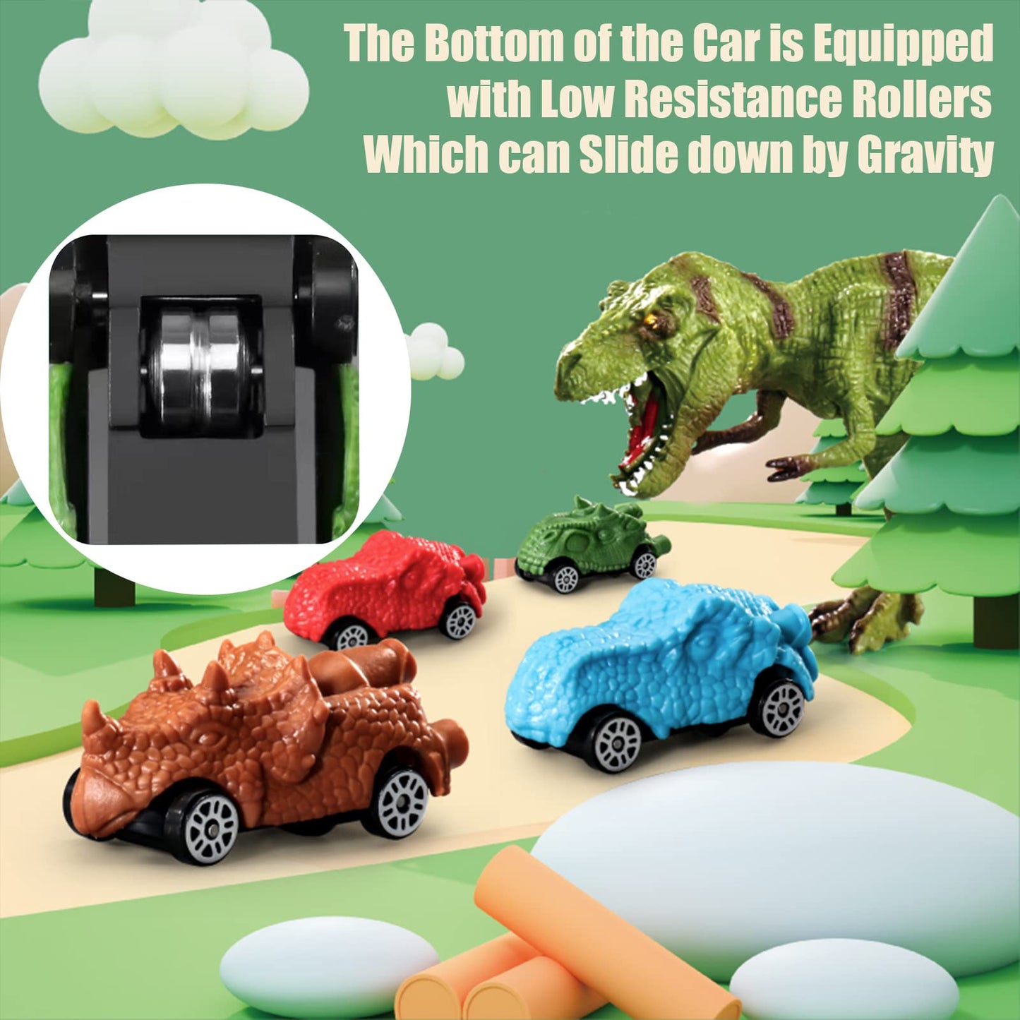Juqic Children's Toy Car Ramp Track Dinosaur Spray Hills Adventure Railcar Slot Car Vehicle Race Play Set with 20 Mini Cars for Preschool Boys Puzzles