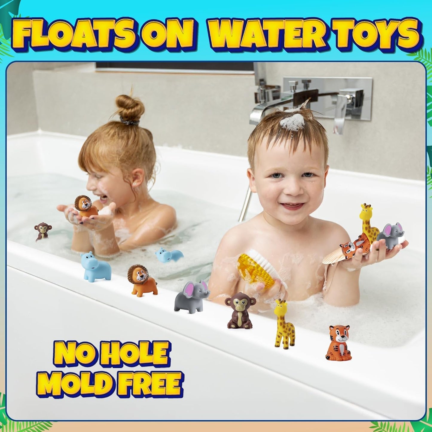 Mini Zoo Animals Bath Toys - (Pack of 12) Vinyl Rubber Jungle Safari Animal Figures, Squeezable Bath Tub Toys for Kids, Baby Shower, Birthday Party