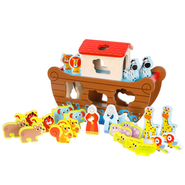 Fat Brain Toys Noah's Ark Sort & Play Set - Wooden Shape-Matching Preschool Toy