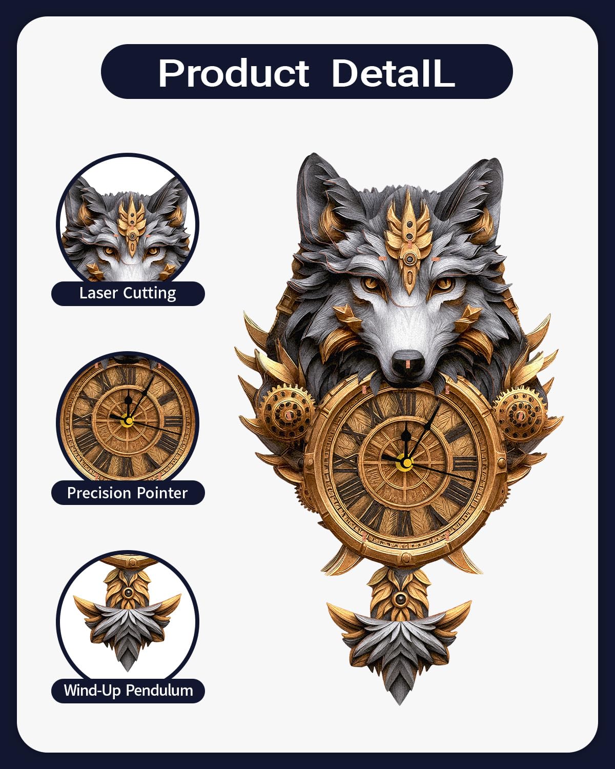 3D Wooden Puzzles for Adults Gray Wolf Design Clock Model Kit with Pendulum