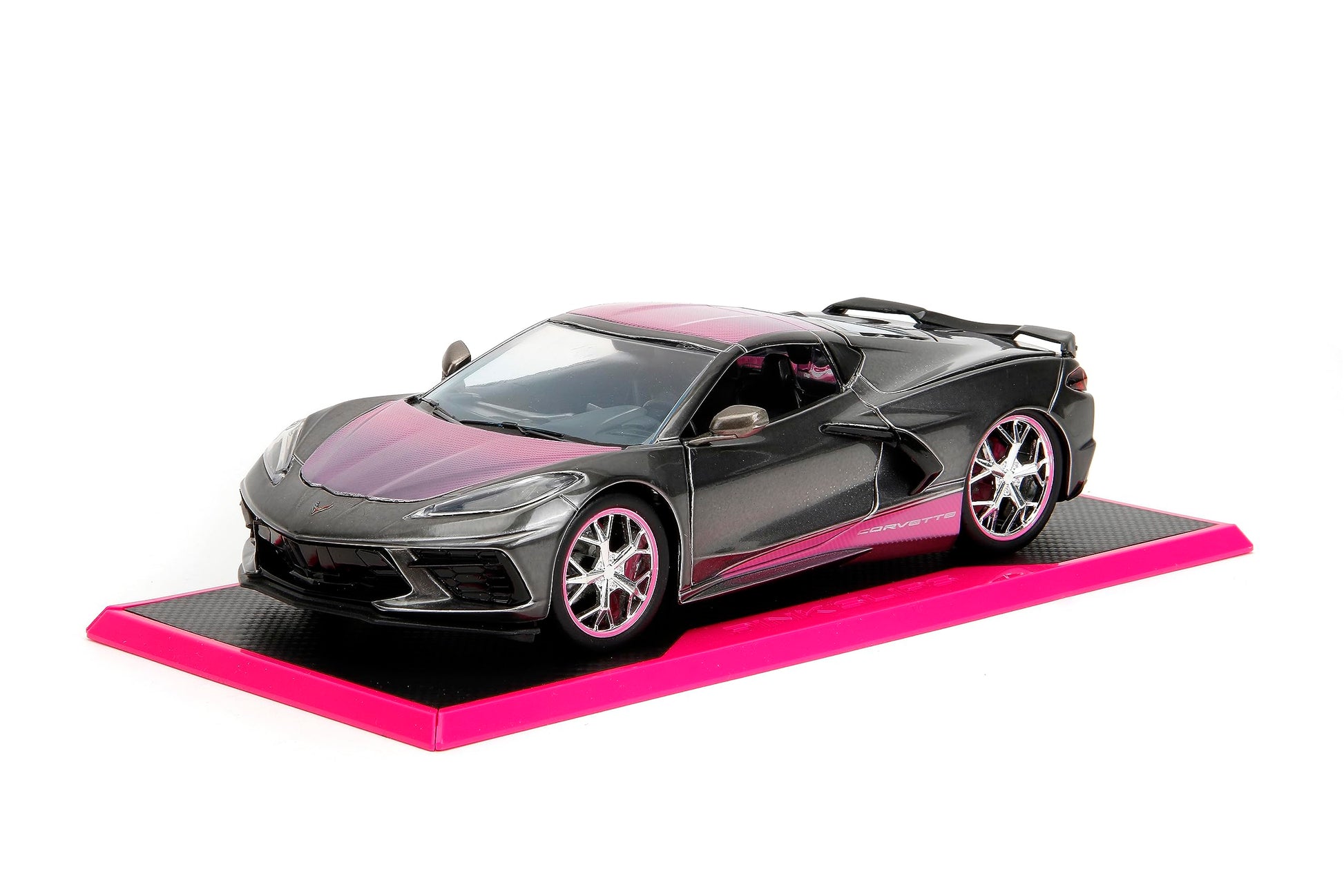 Jada Pink Slips 1:24 W2 2020 Chevy Corvette Stingray Die-Cast Car w/Base, Toys for Kids and Adults(Metallic Grey/Pink)