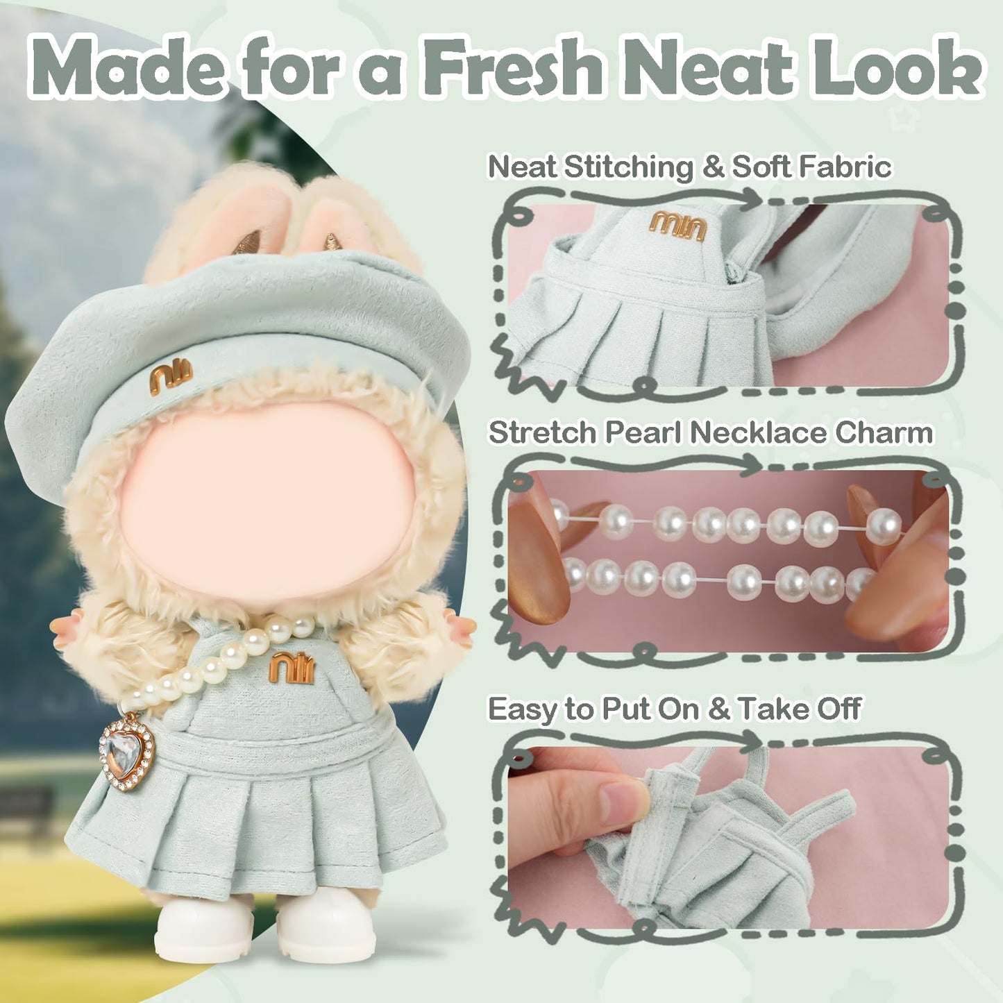 Clothes Compatible with LABUBU Doll - 4PCS Frosted Mint Set, 17cm Doll Clothes Designer Outfit for Campus Classic Theme, Chic Stylish Accessories