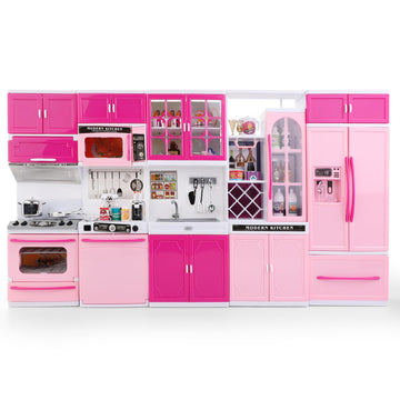 Doll Kitchen Playset for Kids, My Modern Mini Kitchen House Furniture Pretend Play Toy Accessories Set with Realistic Lights & Sounds for Toddlers