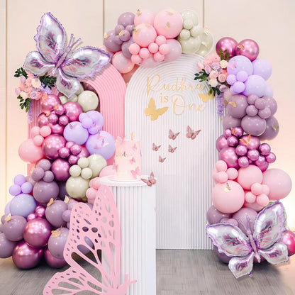Butterfly Balloon Arch Kit - 142pcs Pastel Pink & Purple Balloons with Butterfly Stickers & Large Foil Balloons for Girl's Baby Shower, Wedding