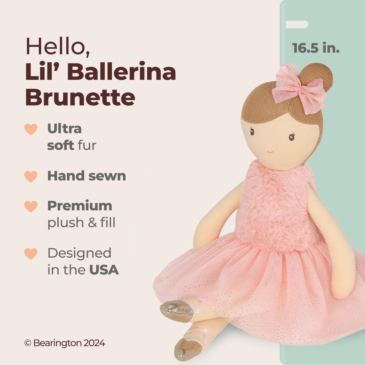 Bearington Collection Lil' Brunette Ballerina 16.5 in - Stuffed Ballerina Doll - Plush Toys for Girls