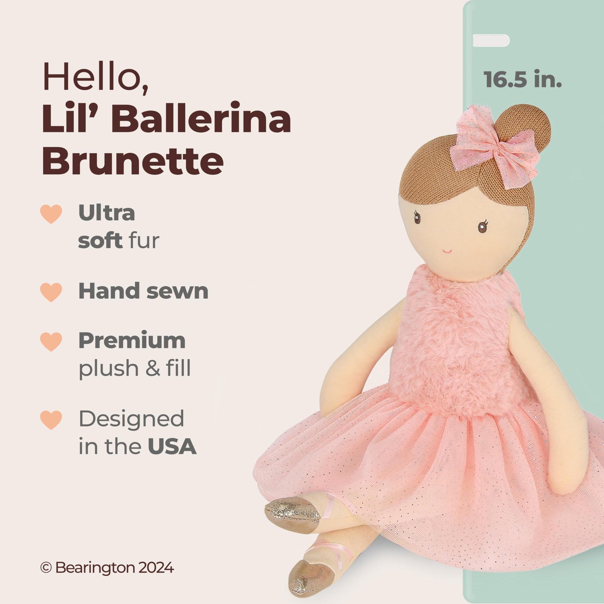 Bearington Collection Lil' Brunette Ballerina 16.5 in - Stuffed Ballerina Doll - Plush Toys for Girls