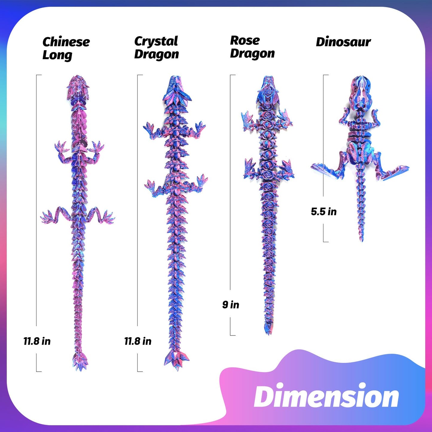 9Pcs 3D Printed Animals 3D Printed Dragon Include 3D Printed Snake, Dinosaur, Sharks, Axolotl, Turtle, Cobra and 3 Style Dragons, 3D Printed Toys