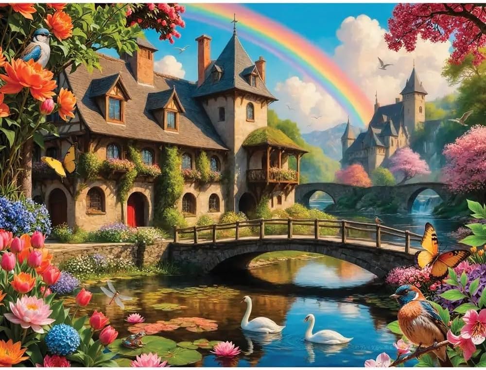 Bits and Pieces 3 Jigsaw Puzzle Set - 300 Piece Puzzles for Adults - Fantasy Landscapes - 18" x 24" Jigsaw Puzzles - Sunset Lighthouse Waterfall