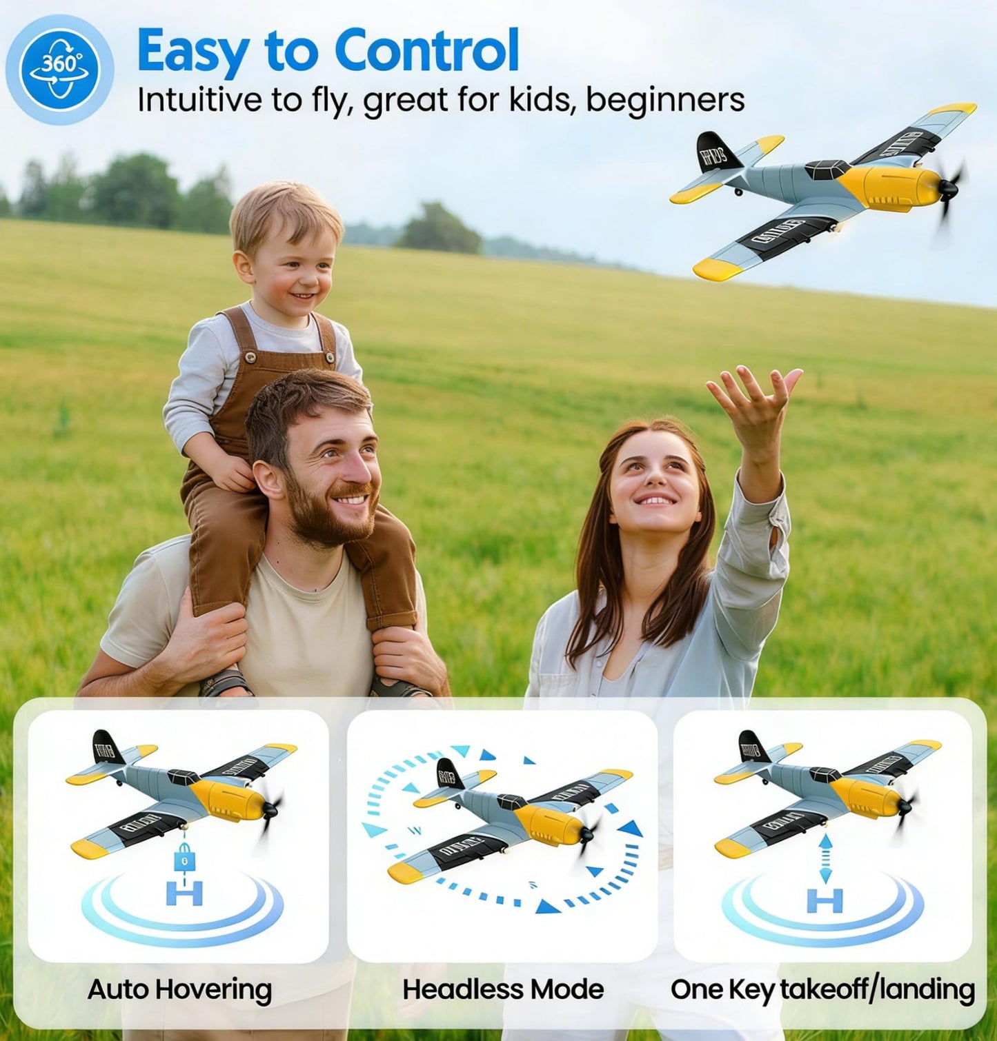 Toileum RC Plane, 3 Channel Remote Control Airplane, 6-axis Gyro Stabilizer BF-109 RTF RC Airplane with 2 Batteries, Easy to Fly for Beginners Adults
