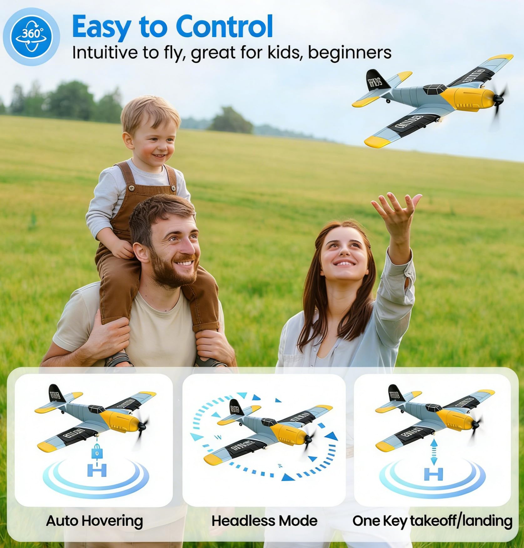 Toileum RC Plane, 3 Channel Remote Control Airplane, 6-axis Gyro Stabilizer BF-109 RTF RC Airplane with 2 Batteries, Easy to Fly for Beginners Adults