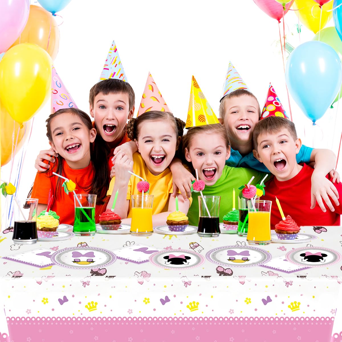 Party Tableware For Cute Mouse,16 pcs Paper Plates (8pcs 9 inch and 8pcs 7inch)-20 Napkin and Table Cloth 86” x 52”,Girl Cute Mouse Birthday Party