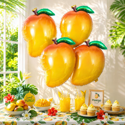 4Pack Mango Balloons - Tropical Party Decorations Mango Mylar Balloons for Fruity Party Decorations, Birthday, Summer, Kids Party & Photo Booth