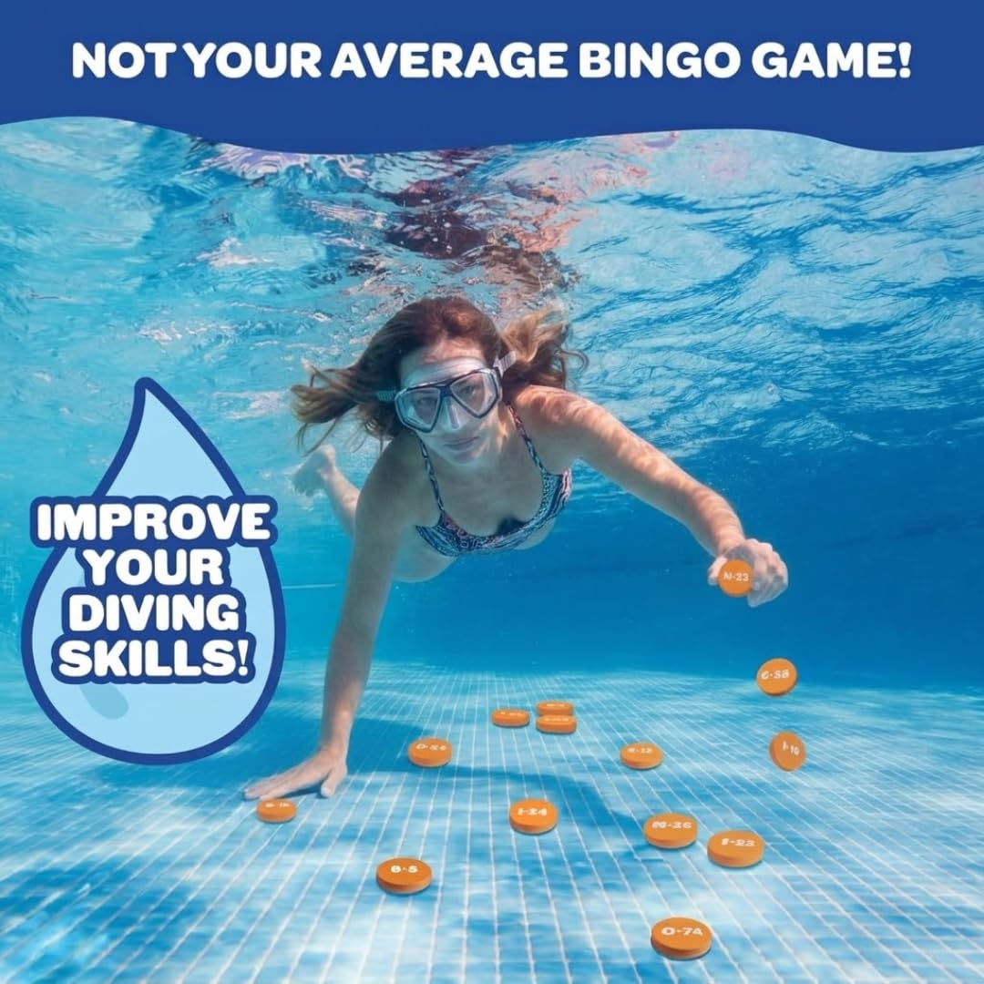 Pool Bingo Diving Game for Adults, Kids- Swim for & Call 75 Sinking Numbers