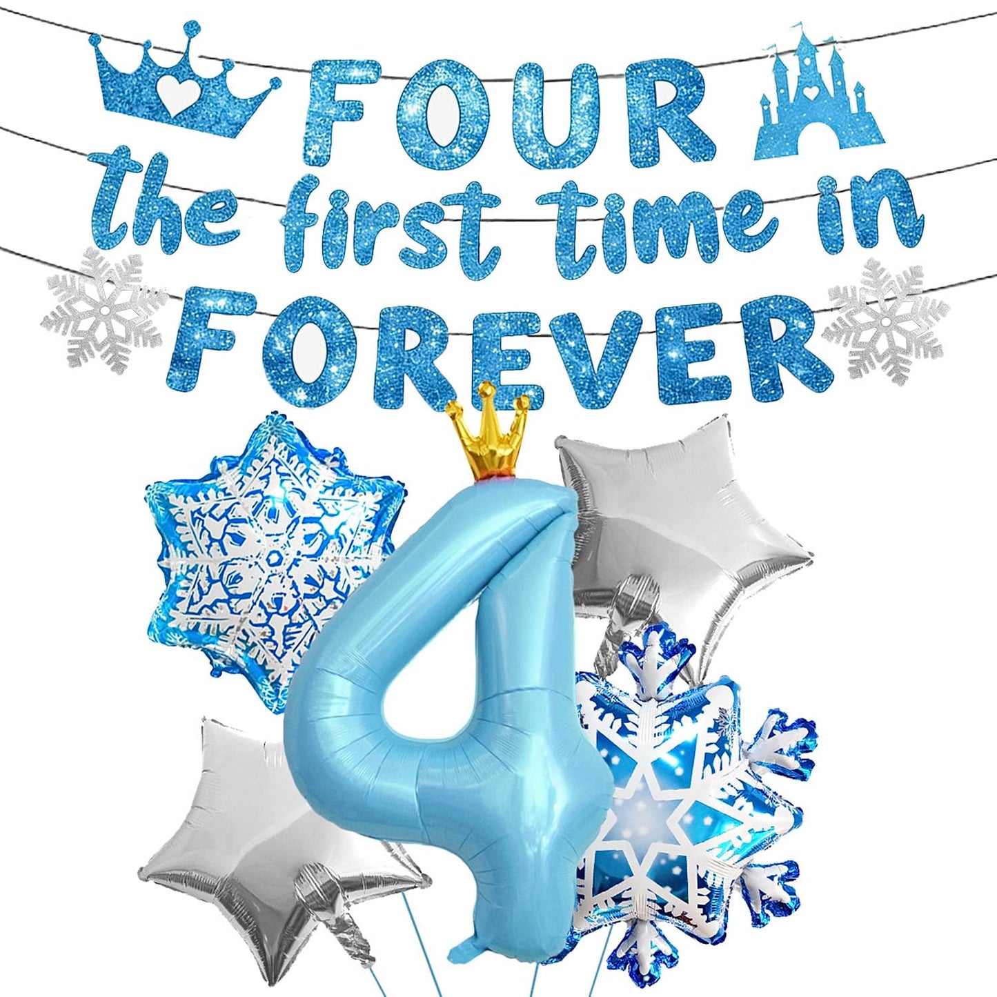 Four the First Time in Forever Banner Foil Balloons 4 year old for 4th Birthday Party Supplies Snowflake Birthday Decors Birthday Party Favors Blue