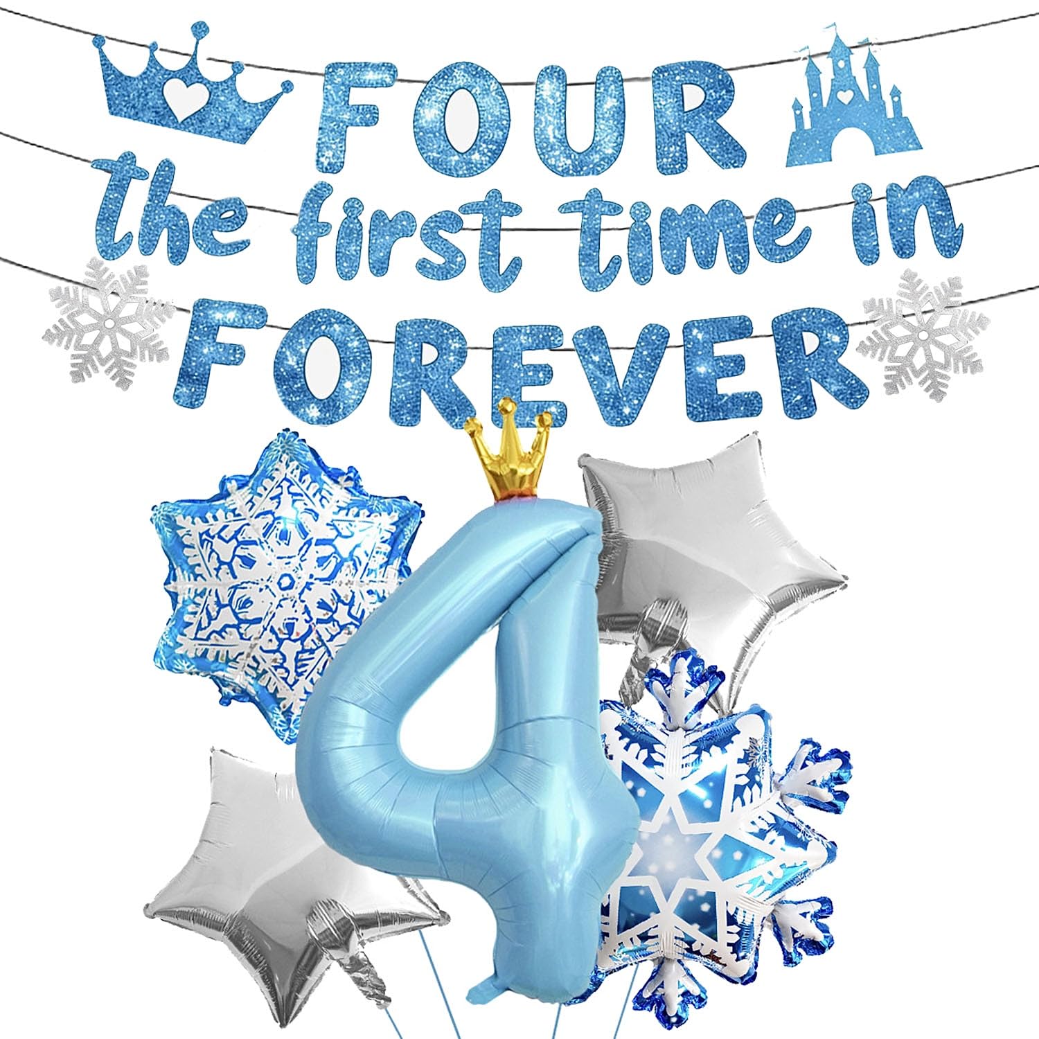 Four the First Time in Forever Banner Foil Balloons 4 year old for 4th Birthday Party Supplies Snowflake Birthday Decors Birthday Party Favors Blue