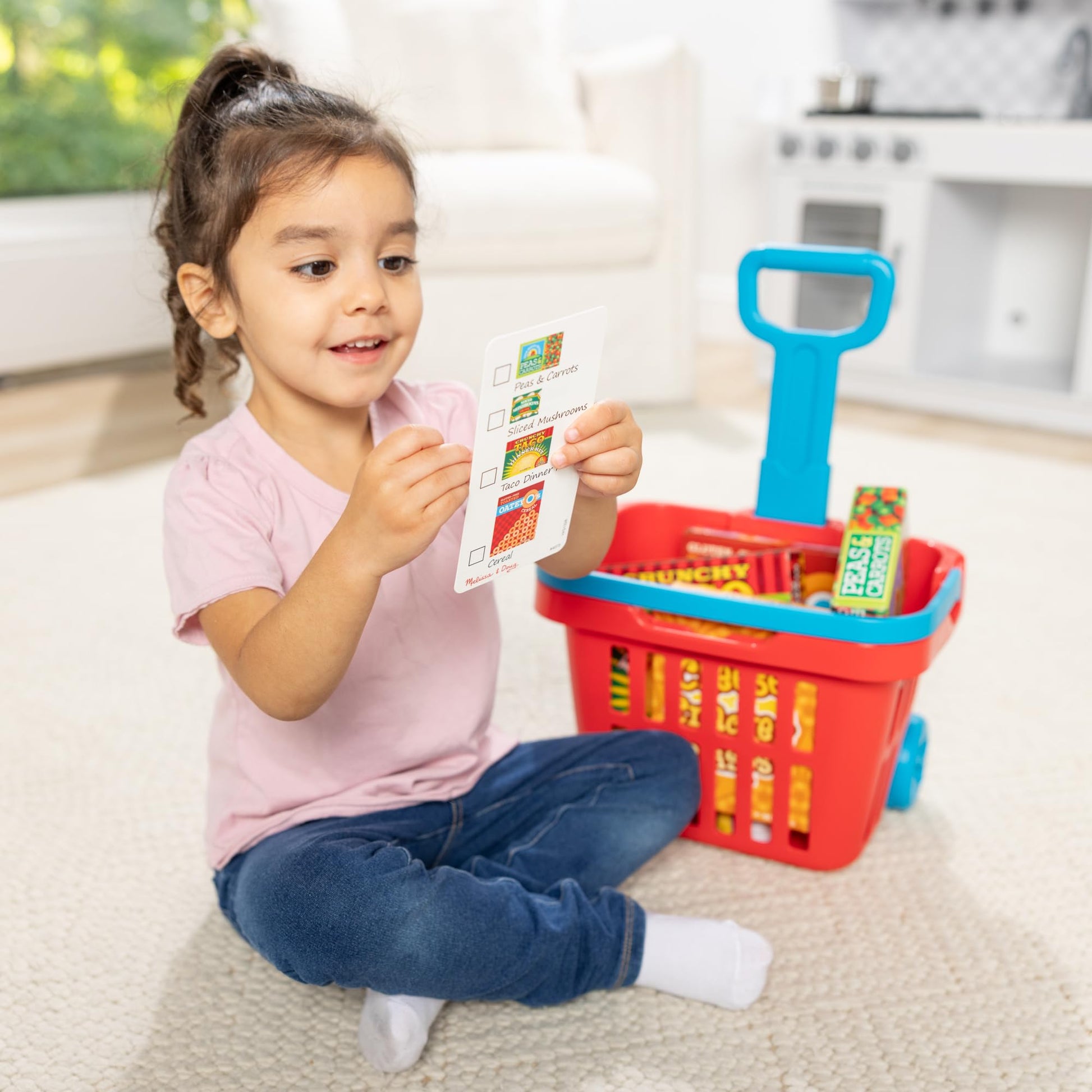 Melissa & Doug Fill and Roll Grocery Basket Play Set With Play Food Boxes and Cans (11 pcs)