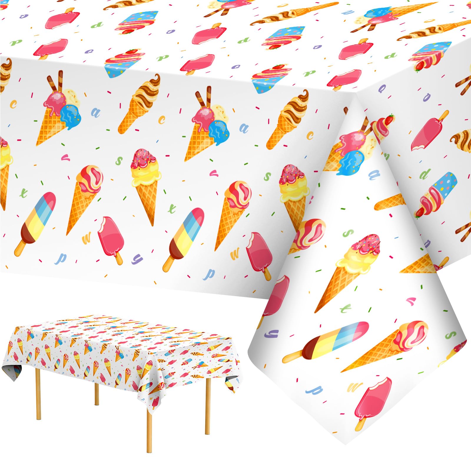 Ice Cream Party Decorations Tablecloth - 2 Pcs Ice Cream Table Cloth, Disposable Plastic Rectangle Summer Icecream Themed Table Cover for Kids