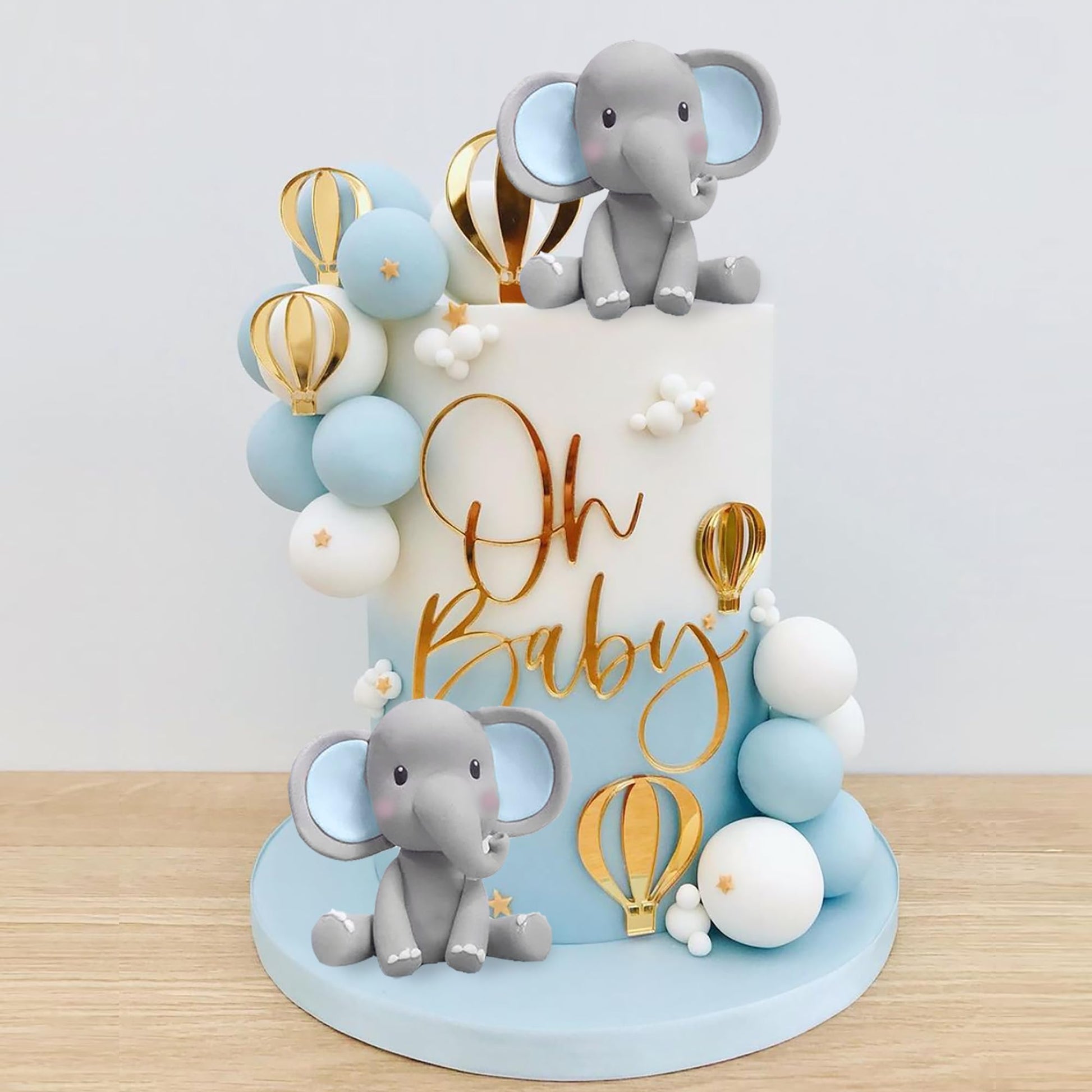 Elephant Cake Decoration with Mini Elephant Blue White Pearl Balls Hot Air Balloon for Elephant Theme Birthday Supplies (BLUE)