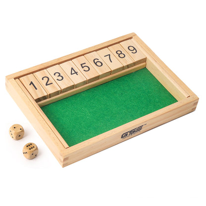 GSE Games & Sports Expert Wooden Shut The Box 9 Number Spots Dice Game Board with 2 Wooden Dice, Classic Tabletop Game Version of The Popular English