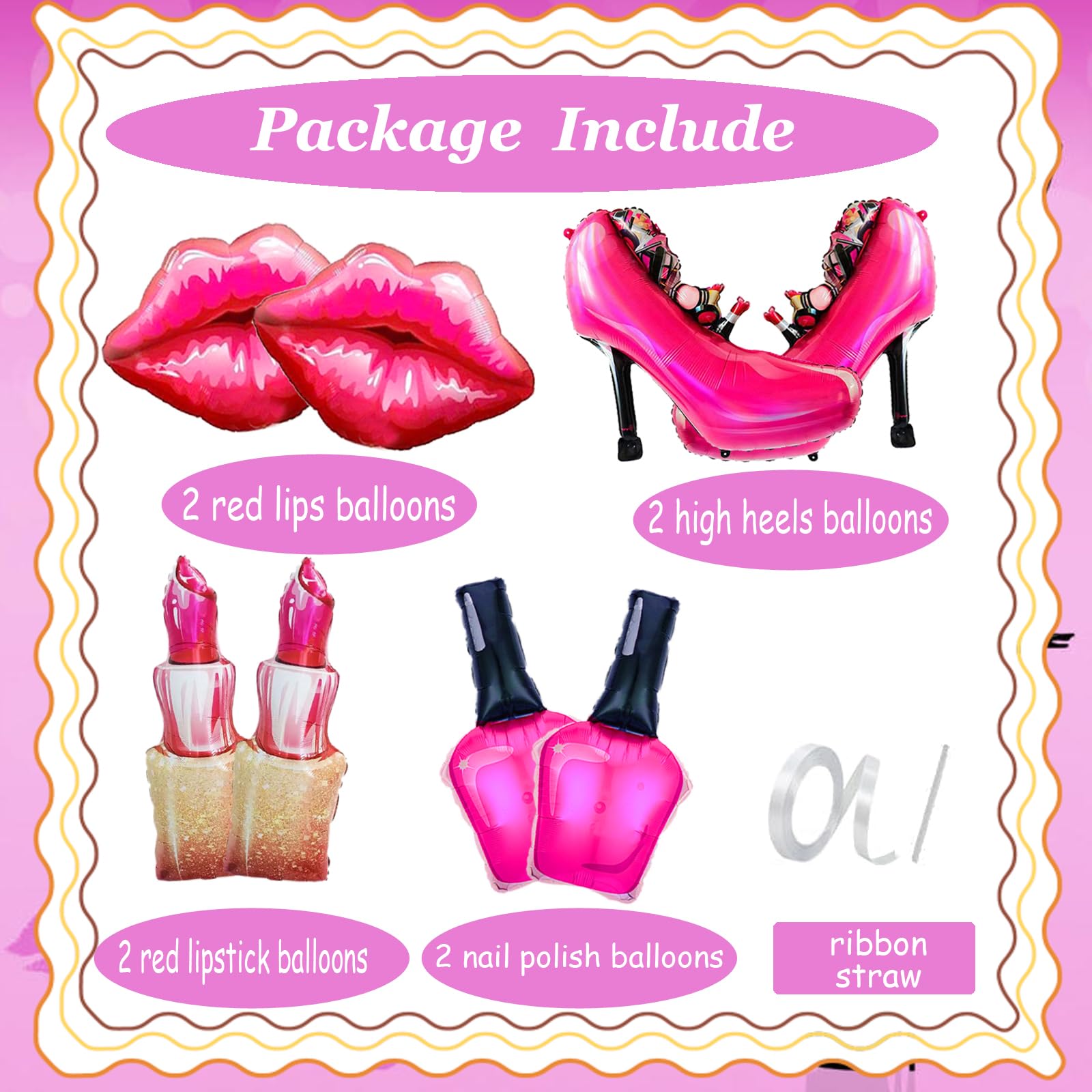 8Pcs Hot Pink Balloon Kit Red Lips, Lipstick, High Heels, Nail Polish Balloons Threenager Birthday Decorations Girl, Bachelorette Party, Girls Night