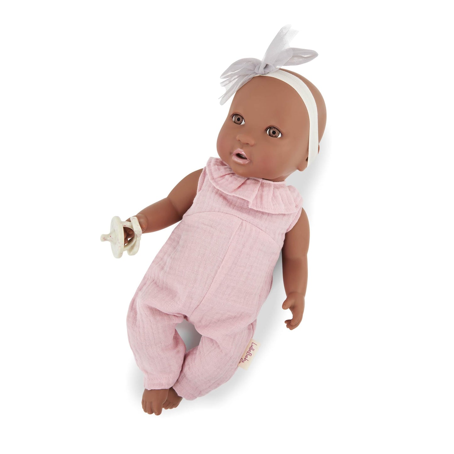 LullaBaby - 14-Inch Realistic Baby Doll - Brown Eyes, Warm Skintone & Soft Huggable Body - Pink Jumper Outfit with Bow Headband - Removable Clothes