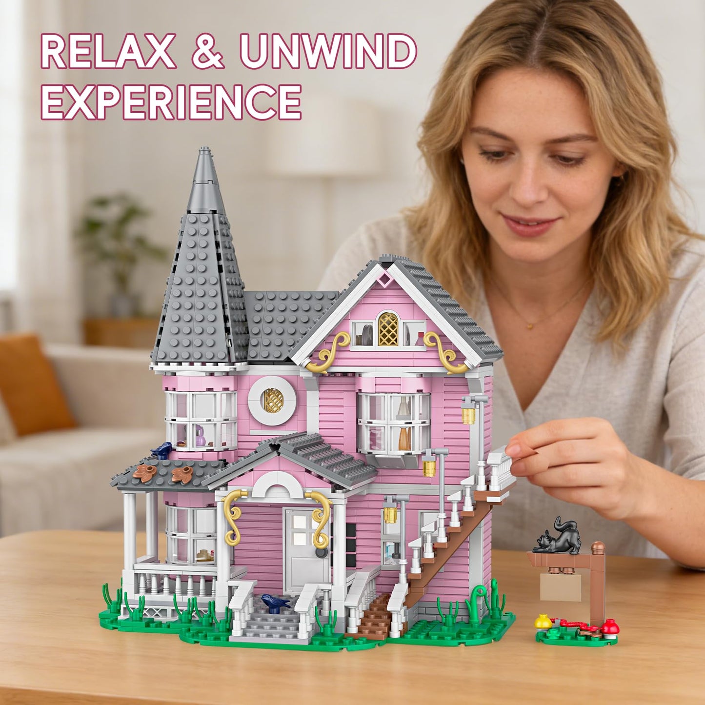 Myth Qholve Pink Palace Apartment Building Set Halloween Haunted House Blocks Detailed Castle House Model with Classic European Style Detailed