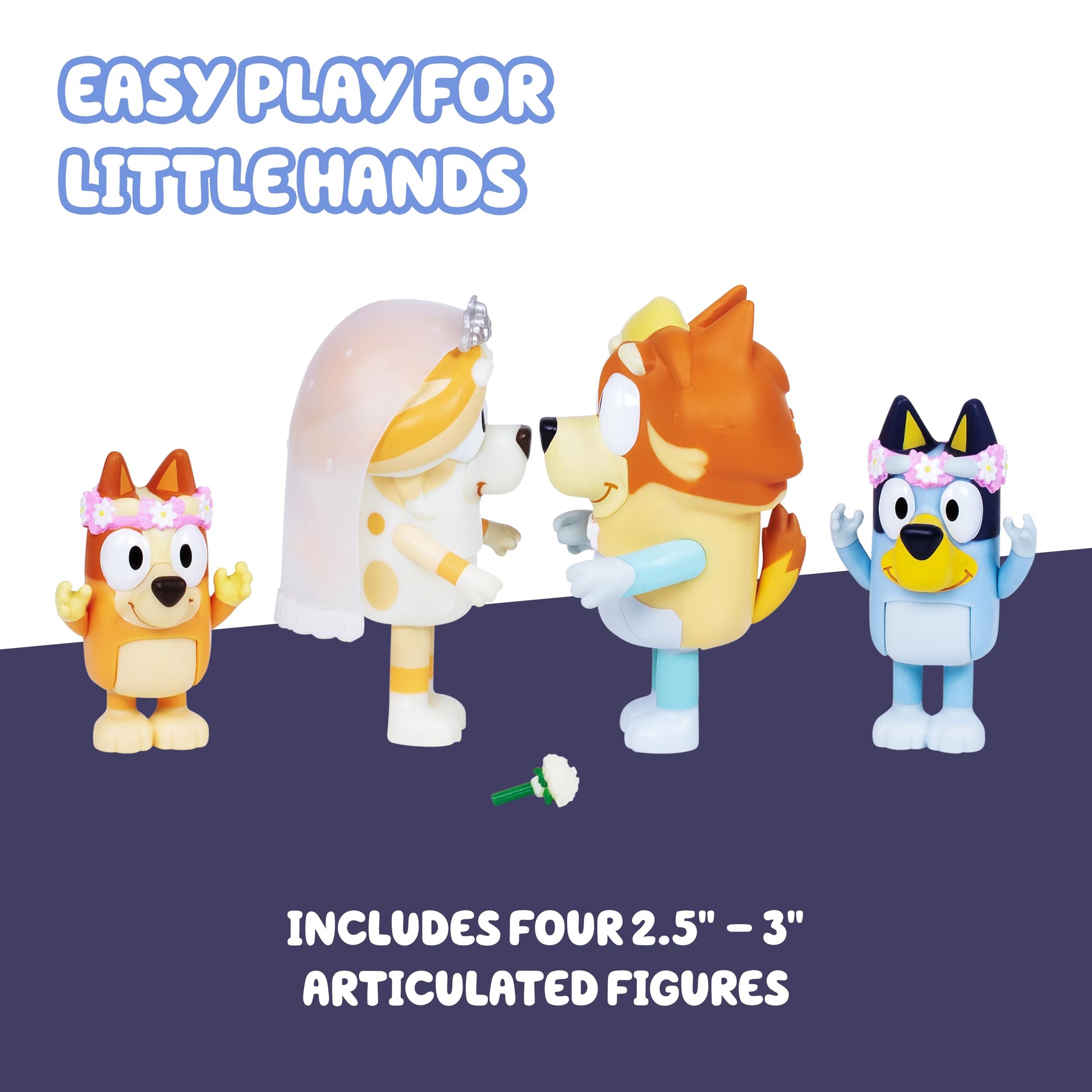 Bluey Wedding Figures Pack of 4, Articulated Character Toys with Uncle Rad, Frisky, and Flower Bingo Figurines, Action Figures for Kids Ages 3+