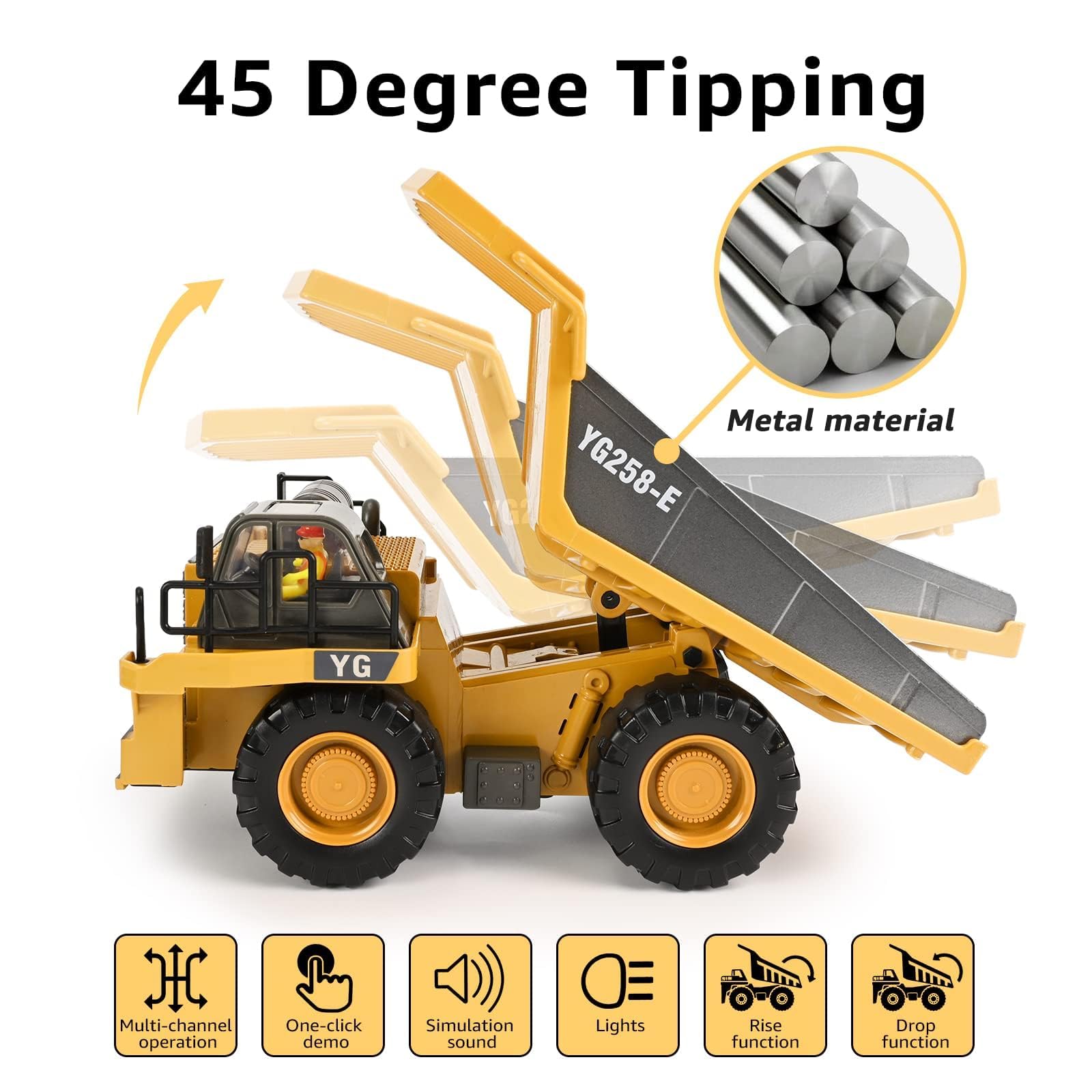 KidsFaves RC Dump Truck, 9CH Remote Control Dump Truck with Metal Dump Bed, 45° Lifting & 360° Rotation, 2 Batteries, Lights & Sounds, Construction