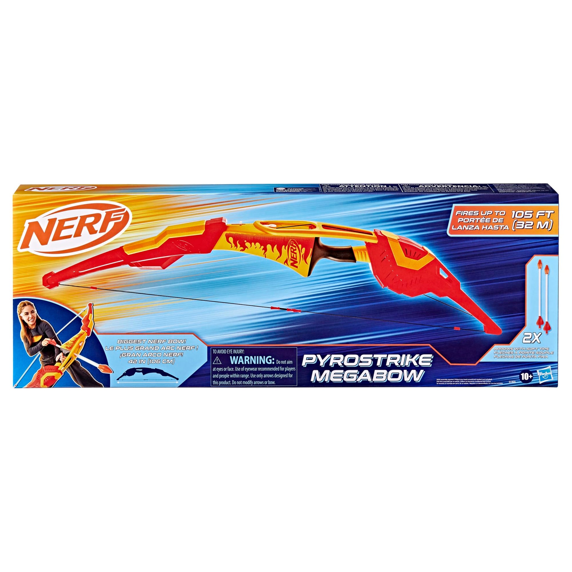 Nerf Pyrostrike Megabow, 42-Inch Bow Fires Arrows Up to 105 Feet, 2 with Soft Tips, Kids Outdoor Toys, Ages 10+ (Amazon Exclusive)