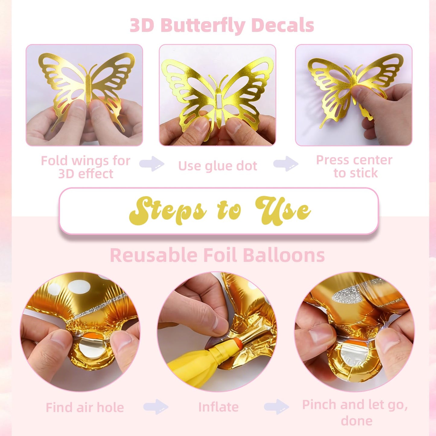 Butterfly Birthday Decorations, Birthday Decorations for Girls - 2 Big Butterfly Foil Balloons, 3D Butterfly Wall Decor, Banner, Tablecloth, Plates