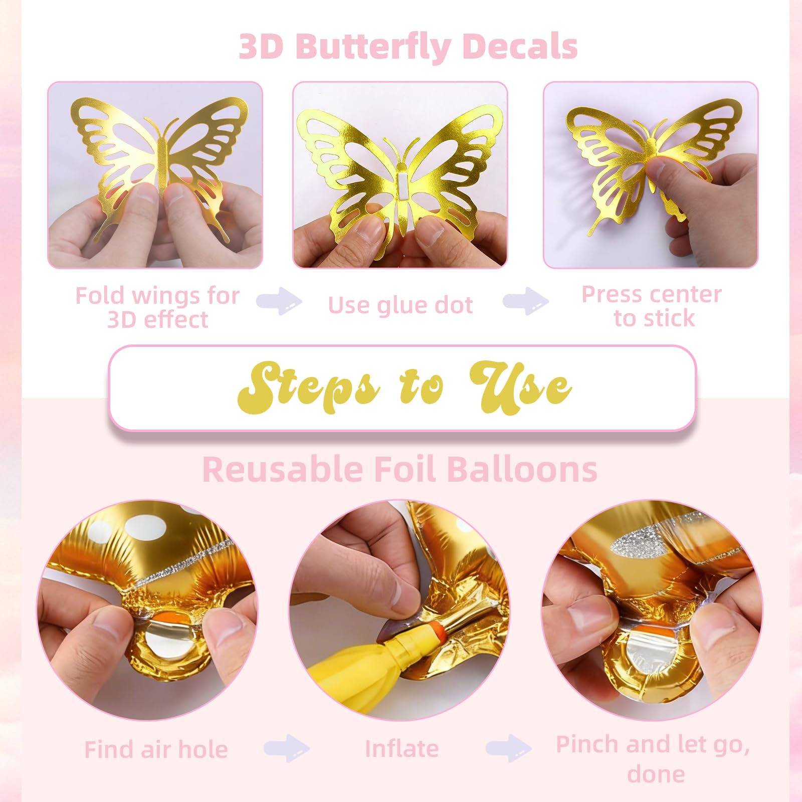 Butterfly Birthday Decorations, Birthday Decorations for Girls - 2 Big Butterfly Foil Balloons, 3D Butterfly Wall Decor, Banner, Tablecloth, Plates