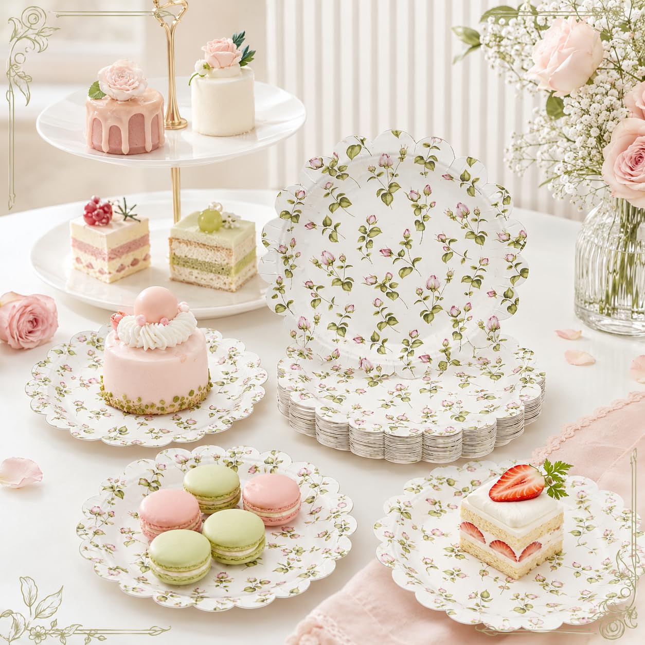 Lulu Posh Floral Paper Plates 12 Inch (24 Pack) - Scalloped Disposable Party Plates, Pink Rose Vintage Shabby Chic Dinner Plates, Heavy Duty Paper