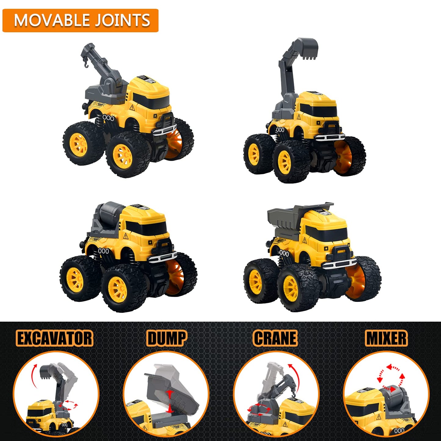 Construction Truck Toys for Boys - 4 Pack Excavator, Mixer, Crane, Dump Trucks Push and Go Friction Powered Cars Monster Trucks Toy for Kids Birthday