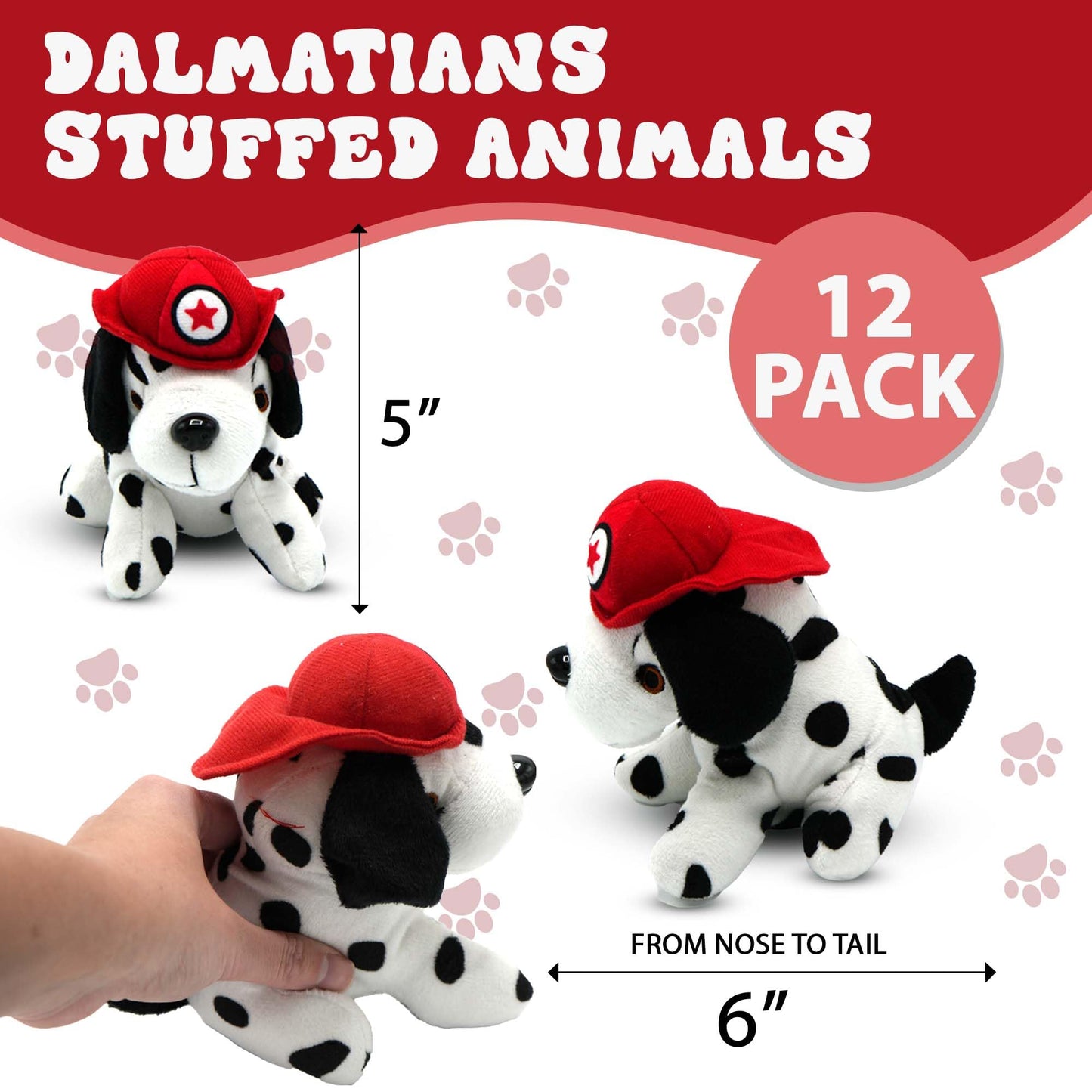 4E's Novelty 12 Pack Dalmatians Stuffed Animals - Soft Stuffed Dog Plush, 6” Small Puppy Plush with Fire Hat, Dog Toy for Kids, Birthday Party Favors