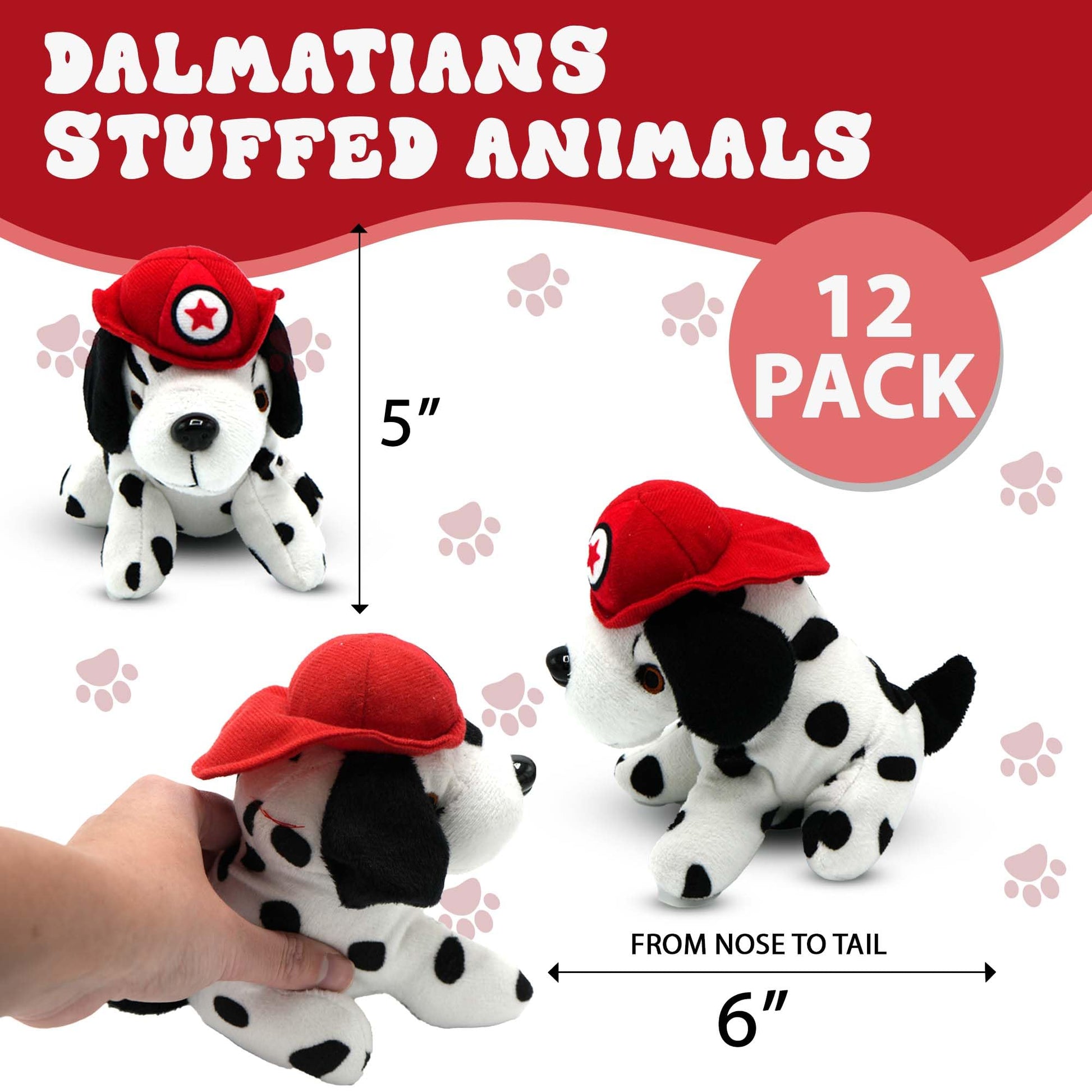 4E's Novelty 12 Pack Dalmatians Stuffed Animals - Soft Stuffed Dog Plush, 6” Small Puppy Plush with Fire Hat, Dog Toy for Kids, Birthday Party Favors
