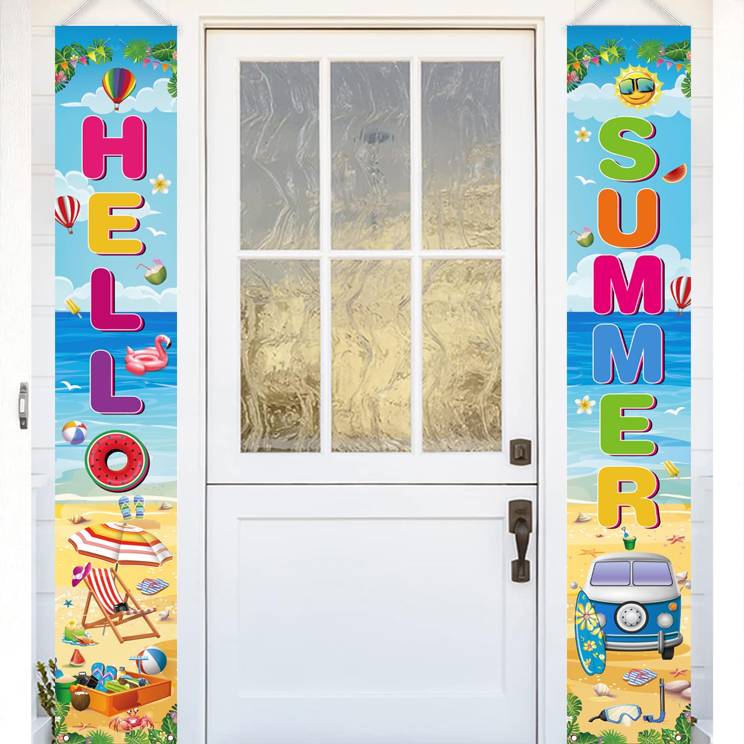 Hello Summer Porch Sign, 2 Pcs Beach Pool Hawaiian Luau Door Banners, 71 x 12 Inch