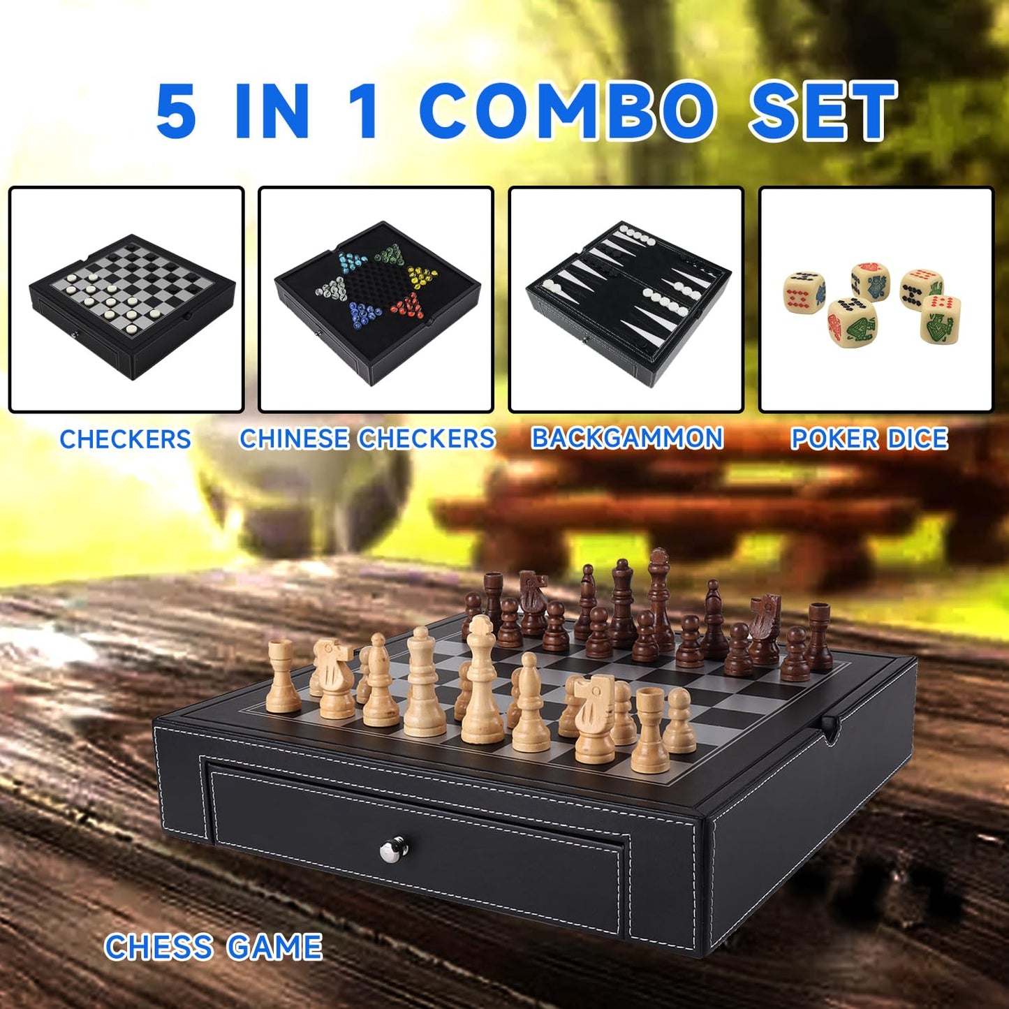 GSE Games & Sports Expert 12.5" Premium Leather 5-in-1 Chess, Checkers, Backgammon, Chinese Checkers, and Poker Dice Board Game Combo Set for Kids