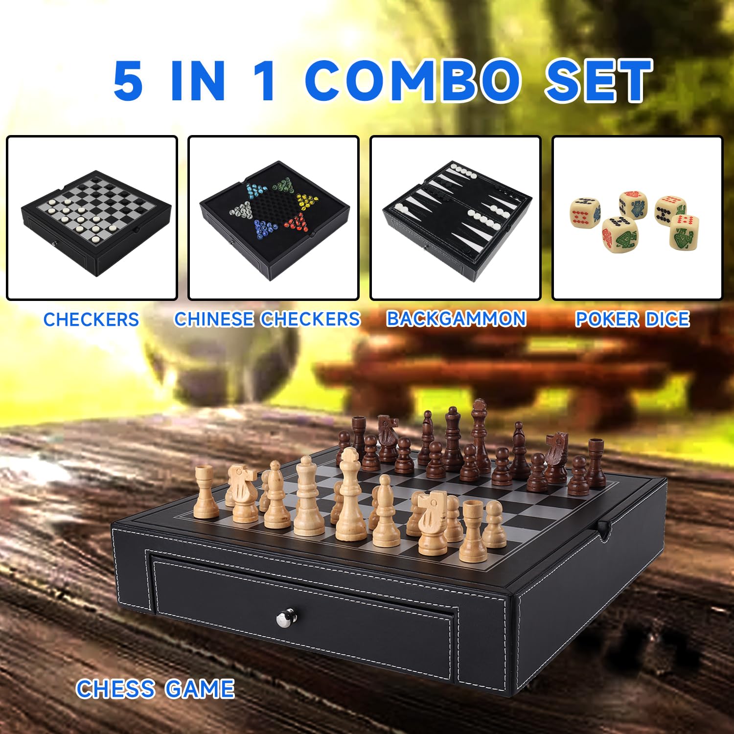GSE Games & Sports Expert 12.5" Premium Leather 5-in-1 Chess, Checkers, Backgammon, Chinese Checkers, and Poker Dice Board Game Combo Set for Kids