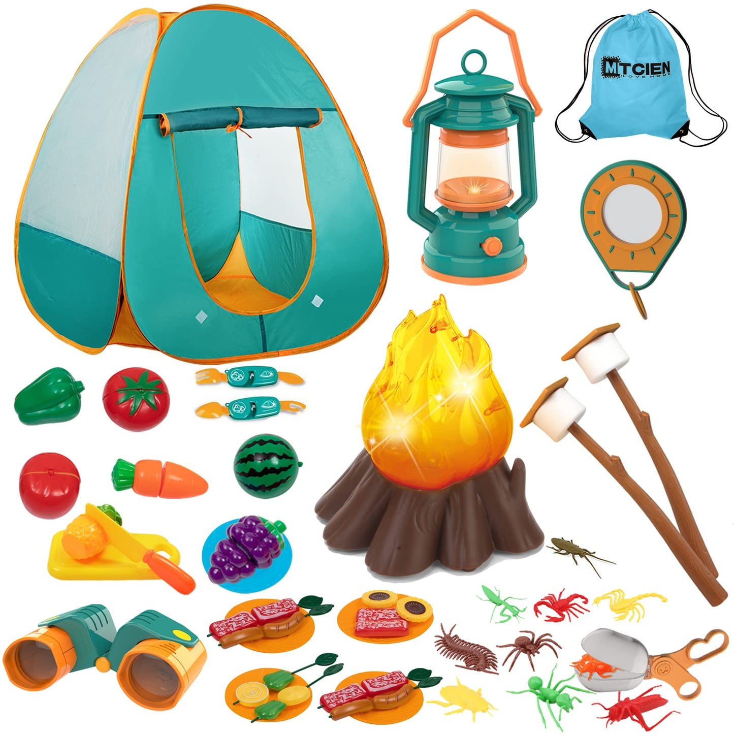 Mitcien Kids Camping Gear Set with Play Tent, Pretend Campfire, Fruits, Marshmallow, Camping Toys for Toddlers, Boys & Girls - Indoor & Outdoor